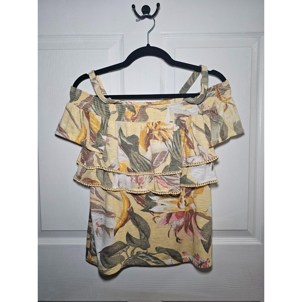 Women's White House Black Market Yellow Floral Sleeveless Blouse Ruffles XS Boho